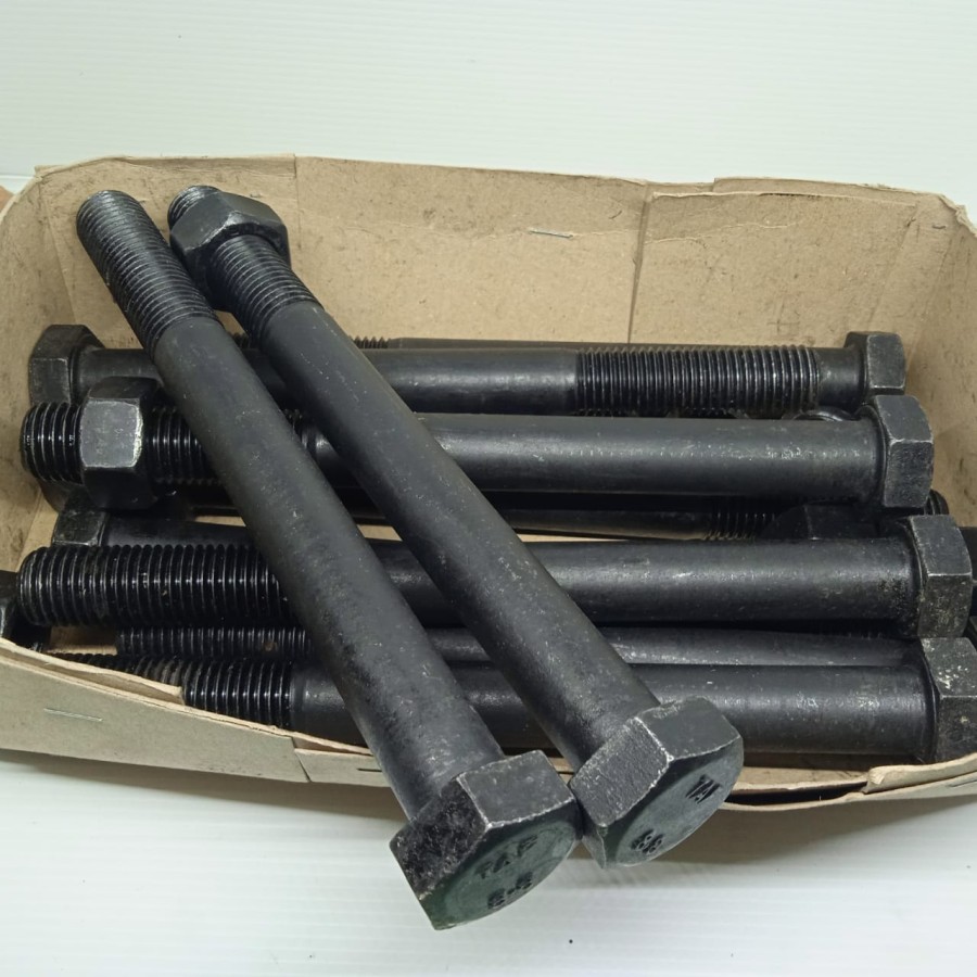 Baut Mur baja HITAM 8.8 HALF DRAT UKURAN M20x220mm PITCH DRAT 2.5 Kunci 30