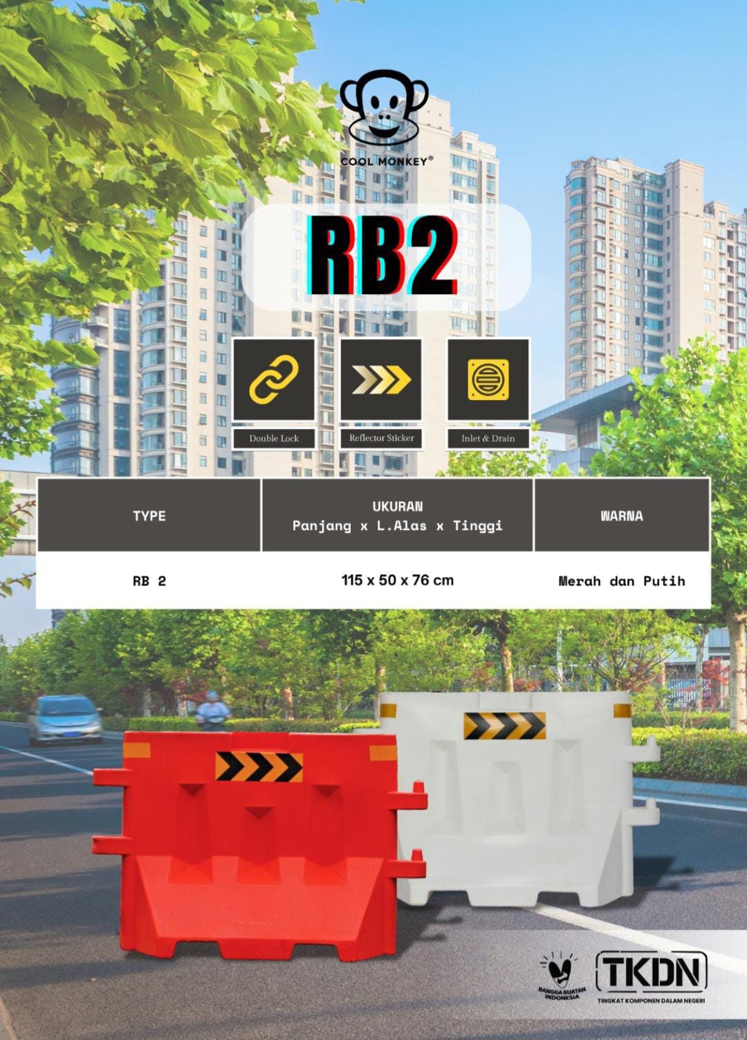 Road Barrier Cool Monkey RB 2 Ukuran 115x50x76cm Berat 12 KG